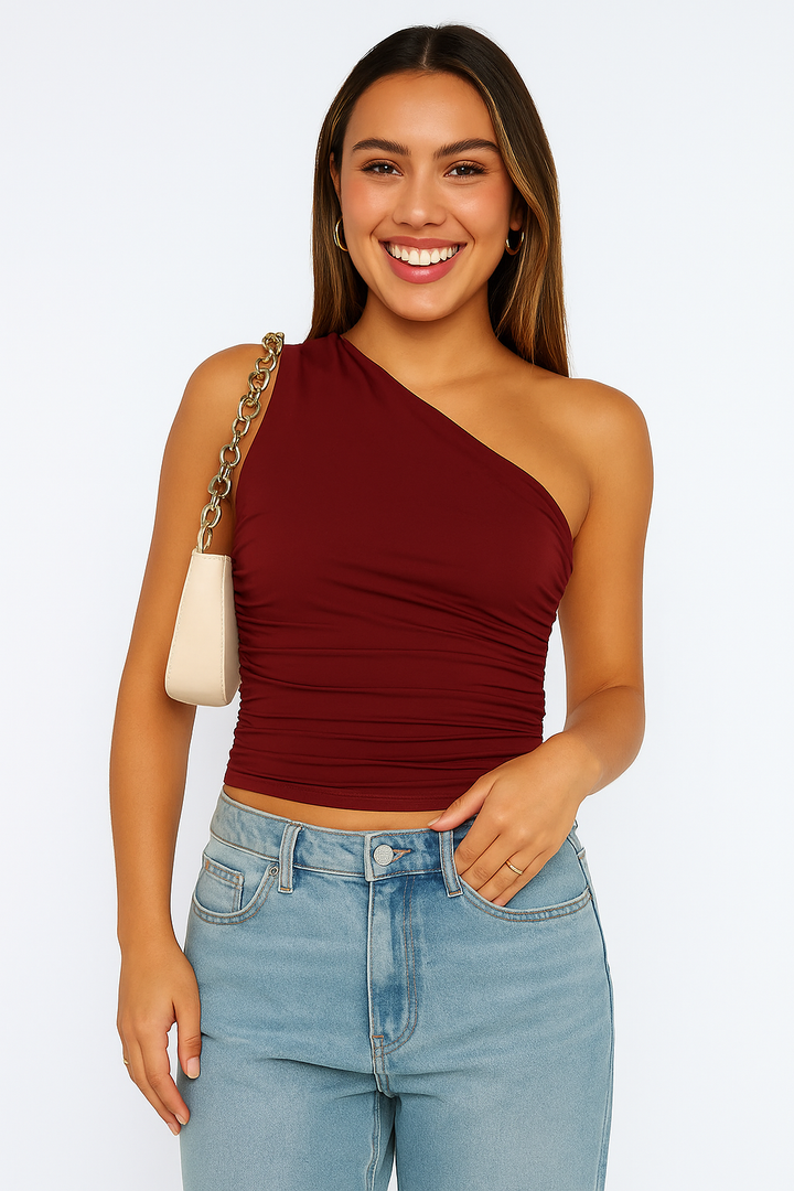 One shoulder top med rynker og figursyet pasform