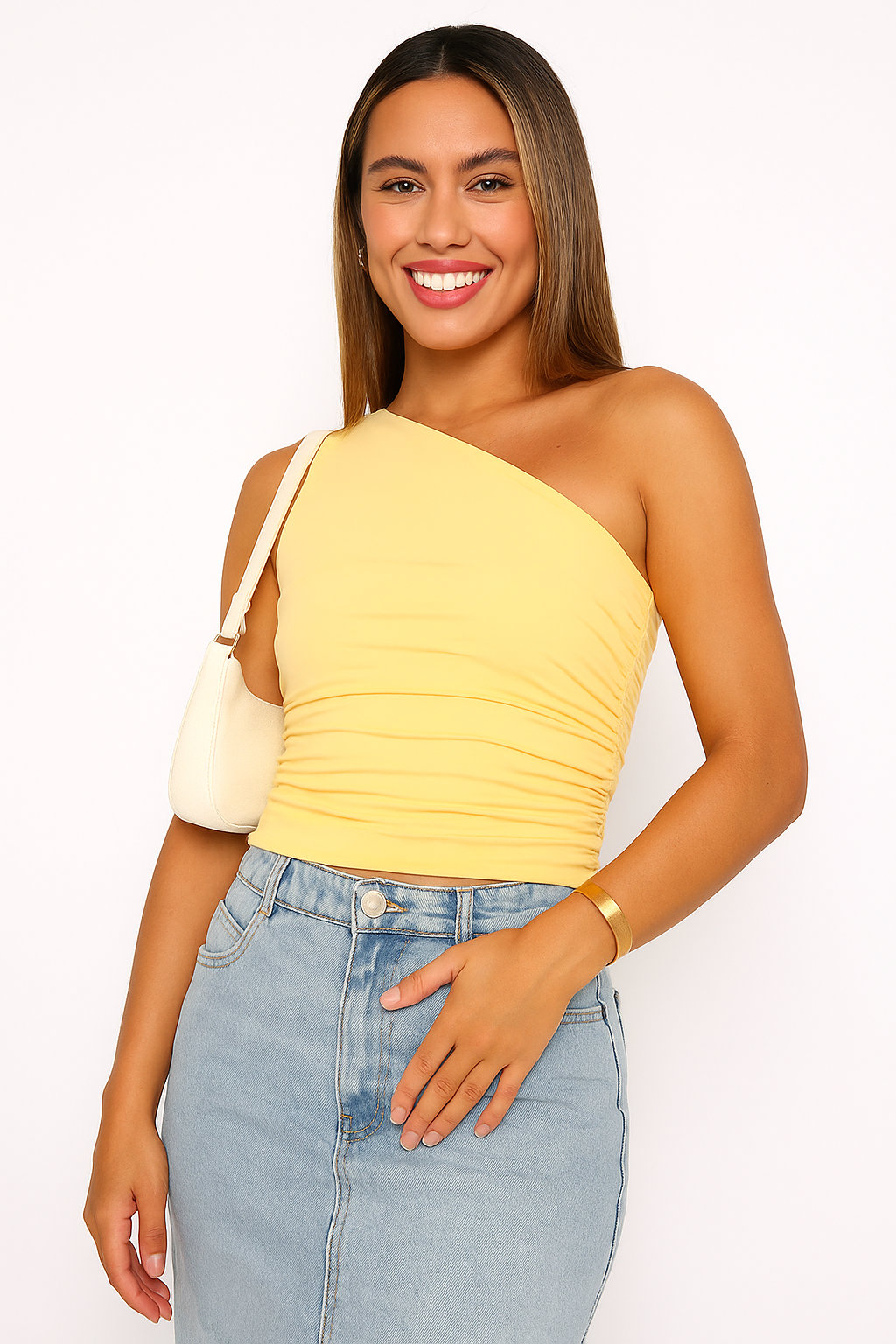 One shoulder top med rynker og figursyet pasform