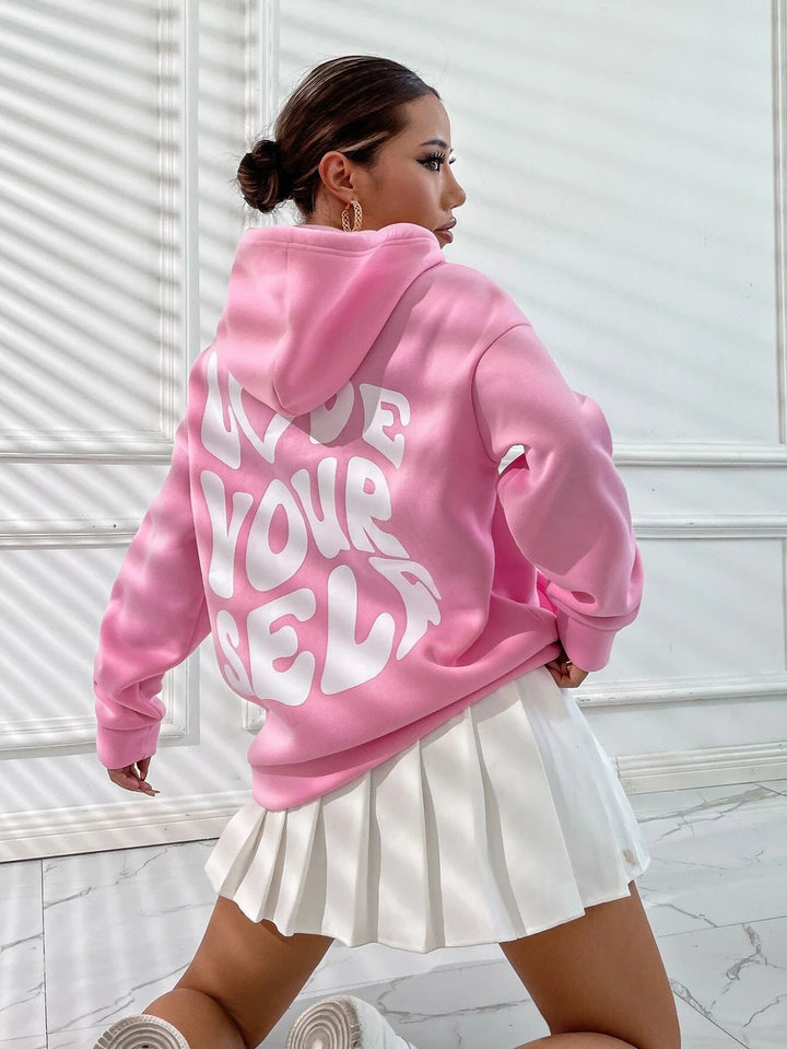Oversized Hættetrøje Til Kvinder I Sort med Love Yourself Rygprint