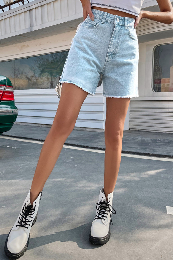 High Waist Denim Shorts med Rå Kant Til Kvinder
