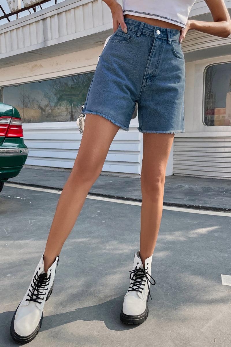 High Waist Denim Shorts med Rå Kant Til Kvinder