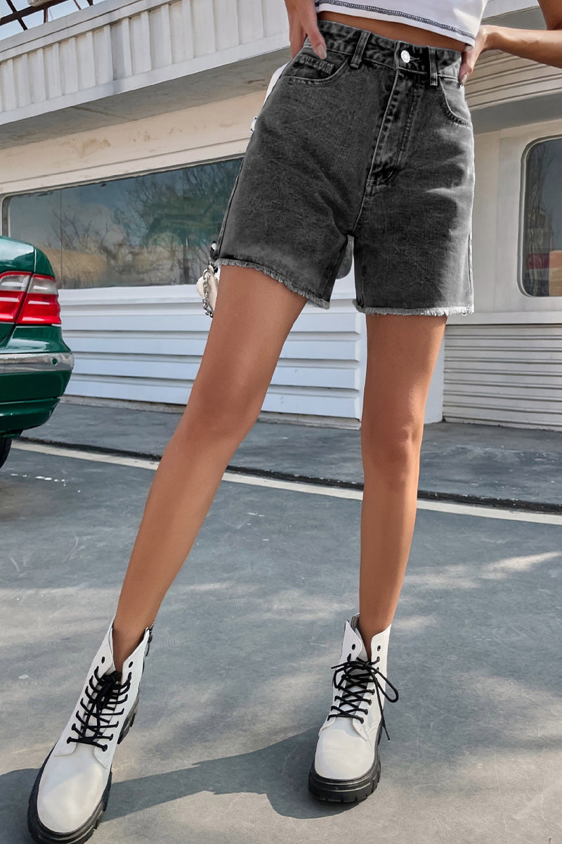 High Waist Denim Shorts med Rå Kant Til Kvinder