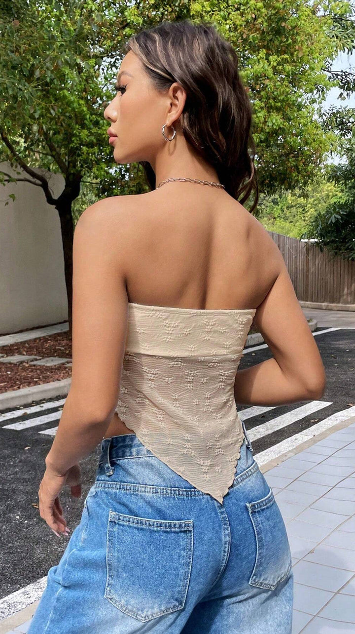 Stropløs top med sløjfedetalje og blondestruktur