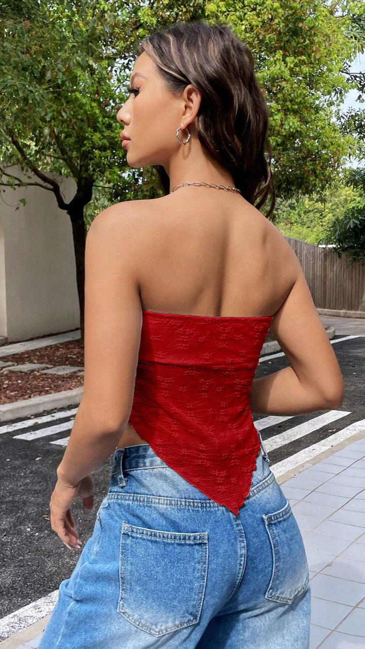 Stropløs top med sløjfedetalje og blondestruktur