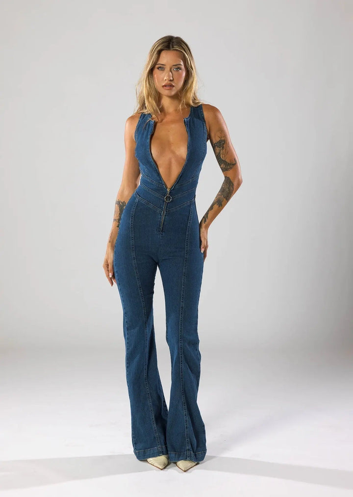 Denim Jumpsuit with Deep V-neck and Flare