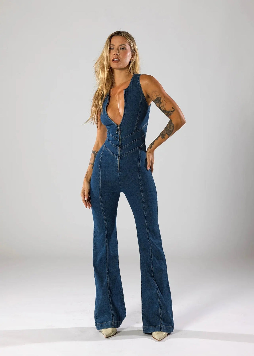 Denim Jumpsuit with Deep V-neck and Flare