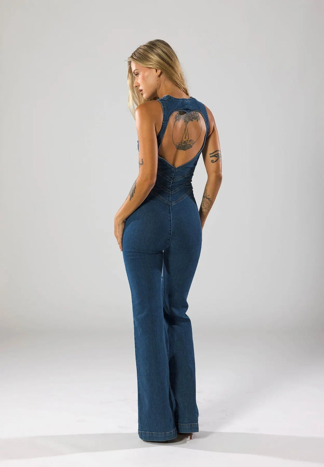 Denim Jumpsuit with Deep V-neck and Flare