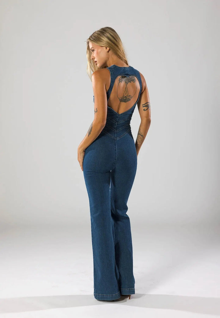 Denim Jumpsuit with Deep V-neck and Flare
