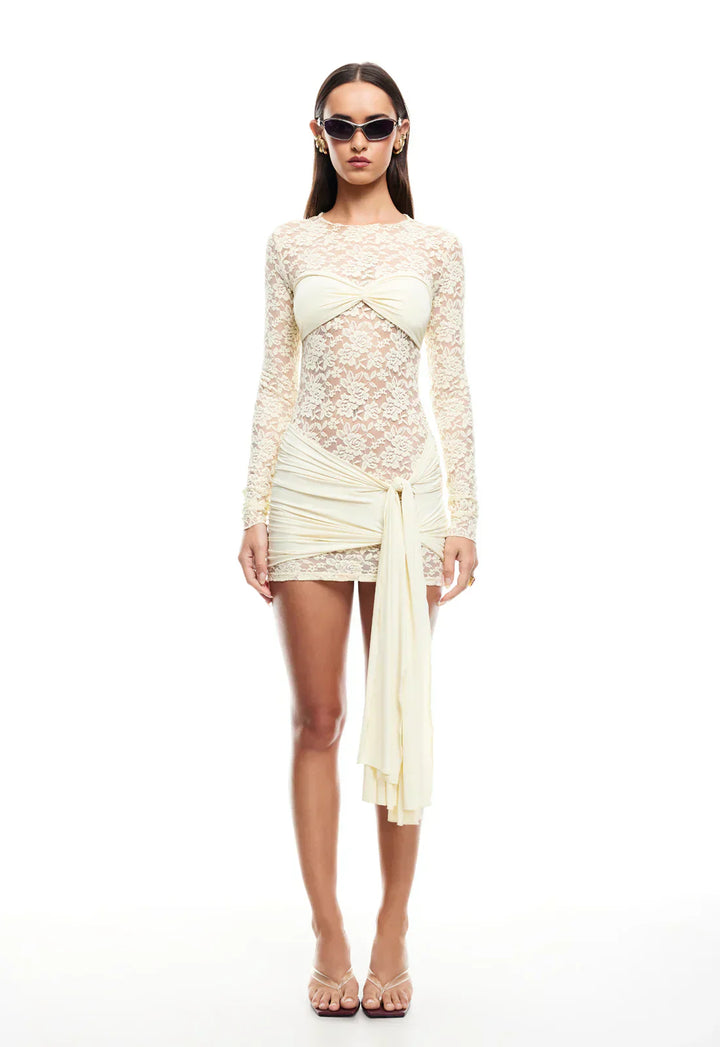 Short Lace Dress with Draped Knot Detail and Long Sleeves