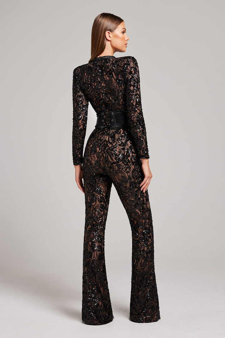 Glitrende Jumpsuit med Brede Ben I Midnatsstil Til Kvinder