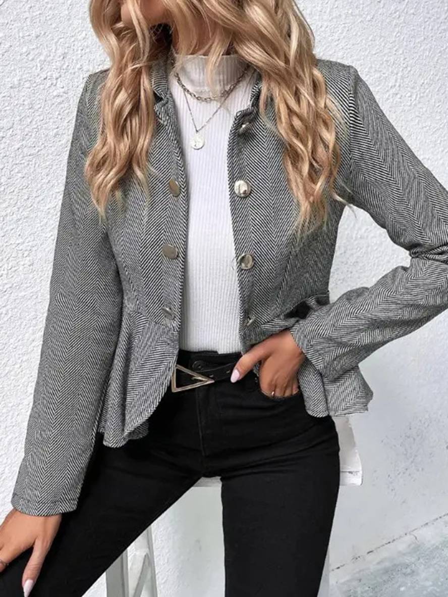 Kort Blazer Til Kvinder med Chevronmønster og Peplum