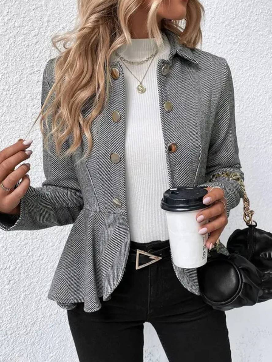 Kort Blazer Til Kvinder med Chevronmønster og Peplum