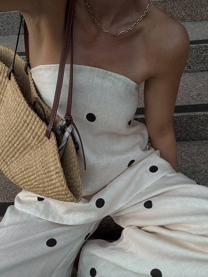 Polka Dot Set with Strapless Top and Wide-Leg Trousers in a Relaxed Style