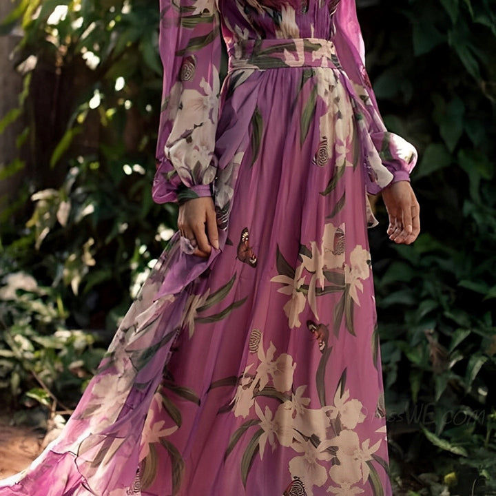 Blomstret Chiffon Maxikjole med Bindebånd I Taljen