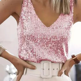 V-Hals Top med Glitter og Pailletter