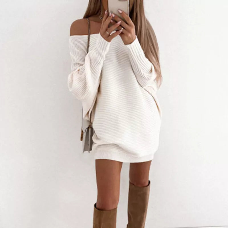 Strikket Mini Sweaterkjole med Off Shoulder Design