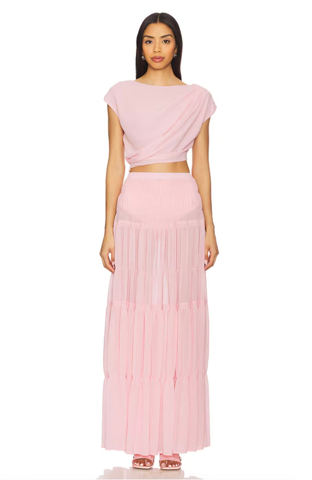 To-delt Sæt med Draperet Crop Top og Lang Gennemsigtig Nederdel