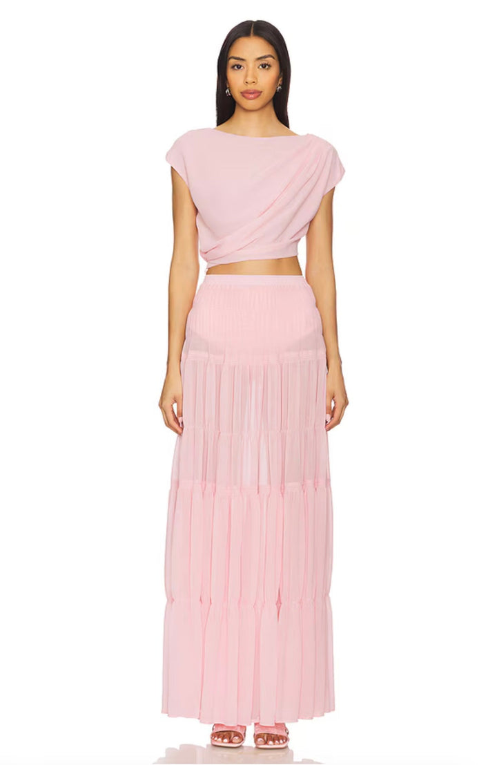To-delt Sæt med Draperet Crop Top og Lang Gennemsigtig Nederdel