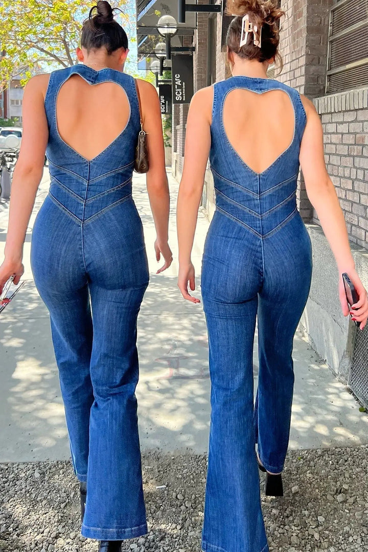 Denim Jumpsuit with Deep V-neck and Flare