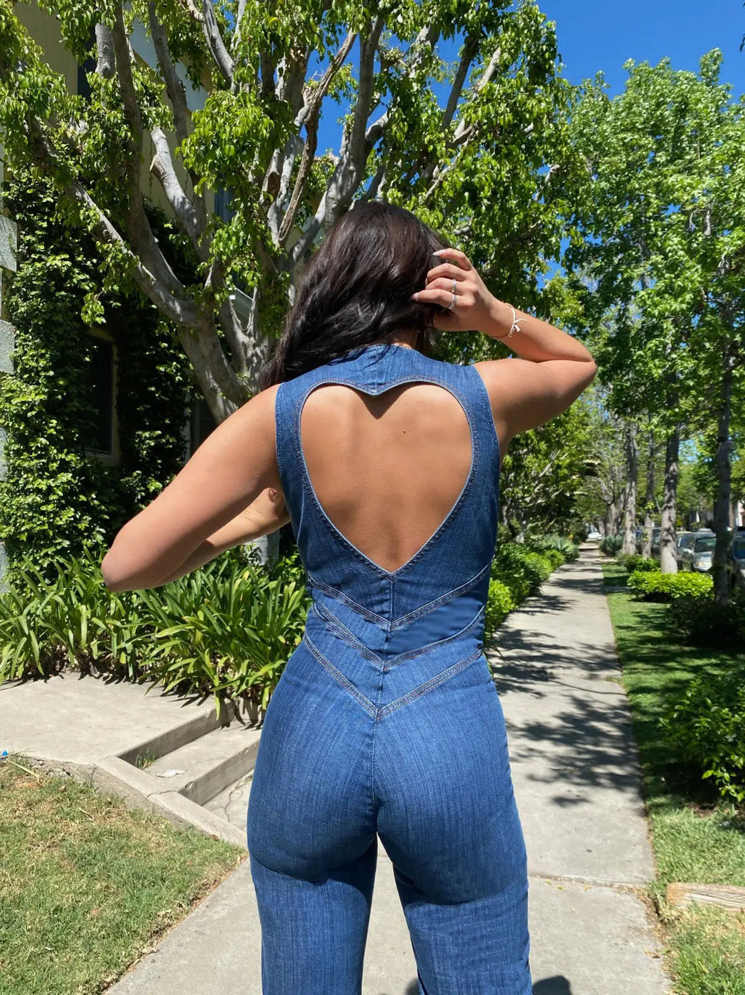 Denim Jumpsuit with Deep V-neck and Flare