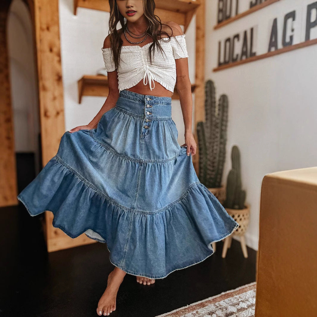 Denim Maxi Nederdel med Knapper Til Kvinder
