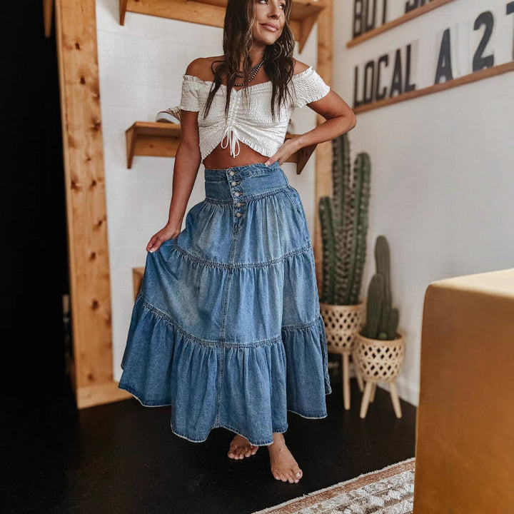 Denim Maxi Nederdel med Knapper Til Kvinder