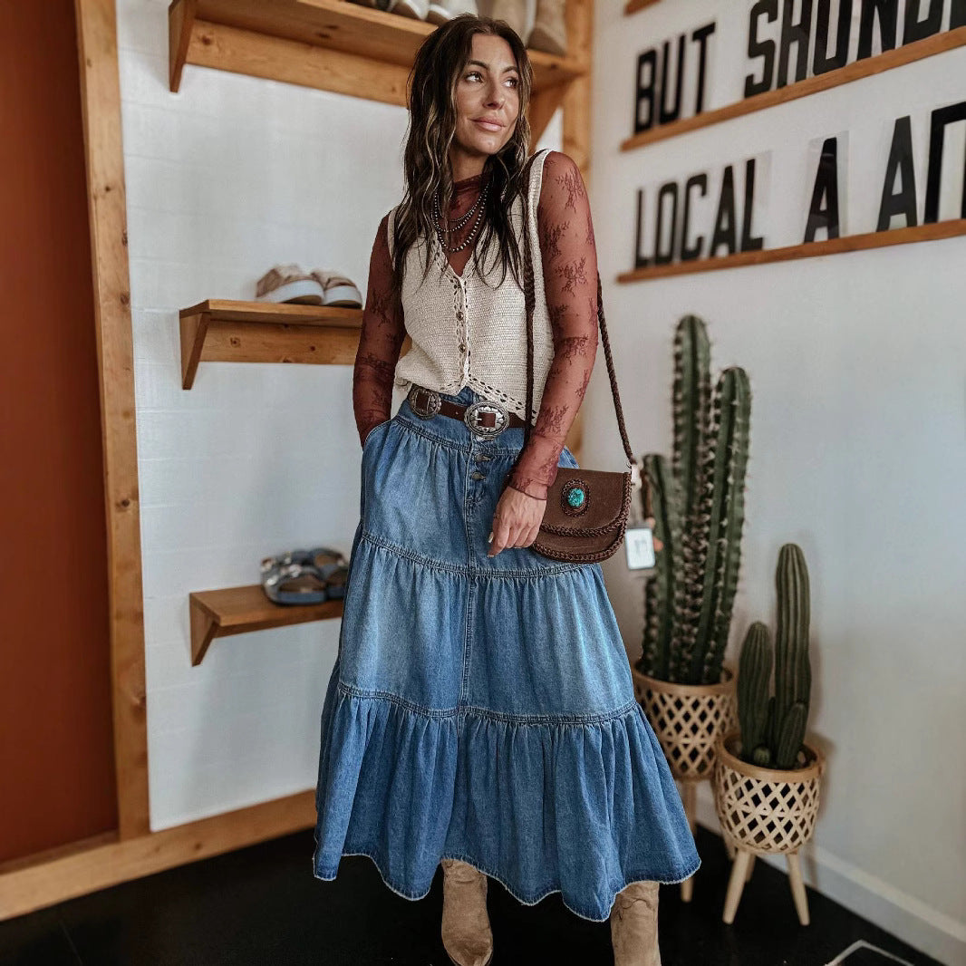Denim Maxi Nederdel med Knapper Til Kvinder