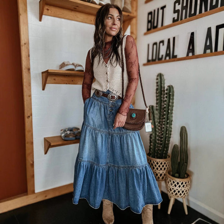 Denim Maxi Nederdel med Knapper Til Kvinder