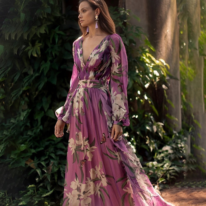 Blomstret Chiffon Maxikjole med Bindebånd I Taljen