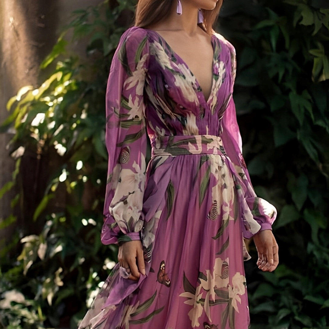 Blomstret Chiffon Maxikjole med Bindebånd I Taljen