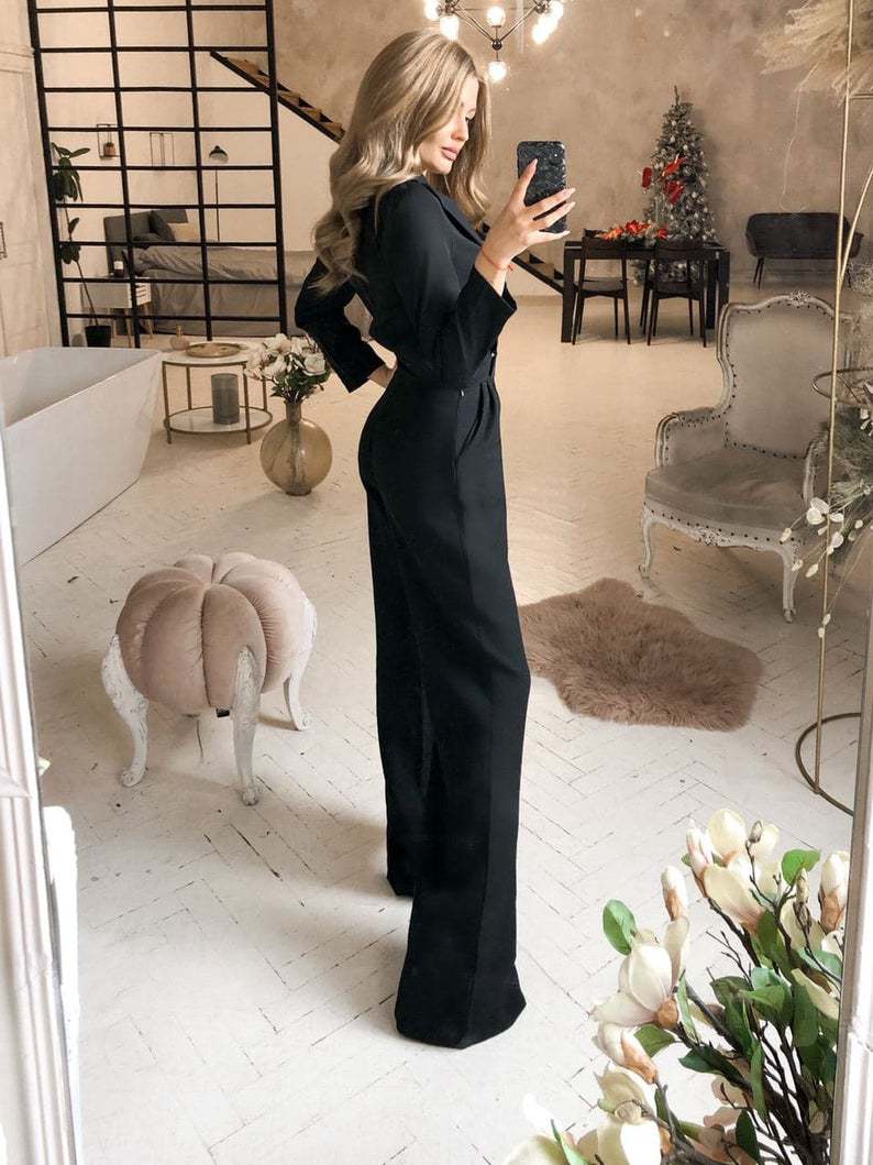 Jumpsuit med Slå-om Effekt og Lange Ærmer