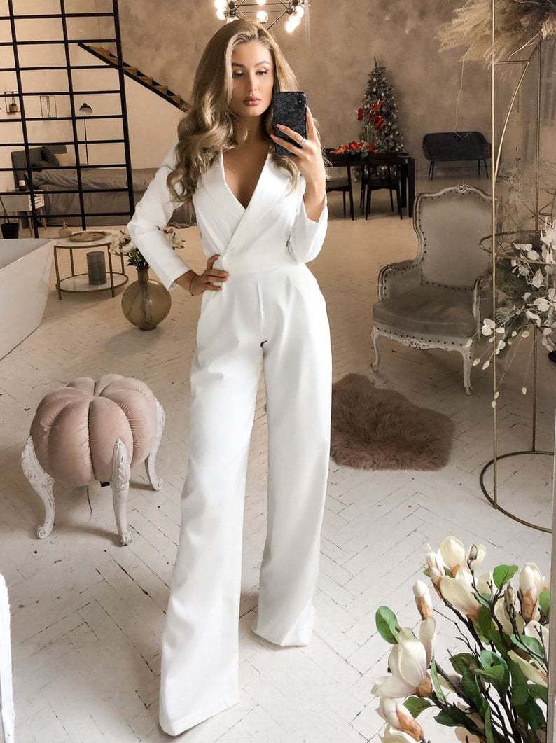 Jumpsuit med Slå-om Effekt og Lange Ærmer