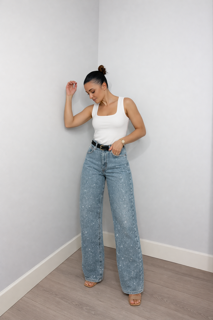 Højtaljede Jeans med Glitter Detaljer