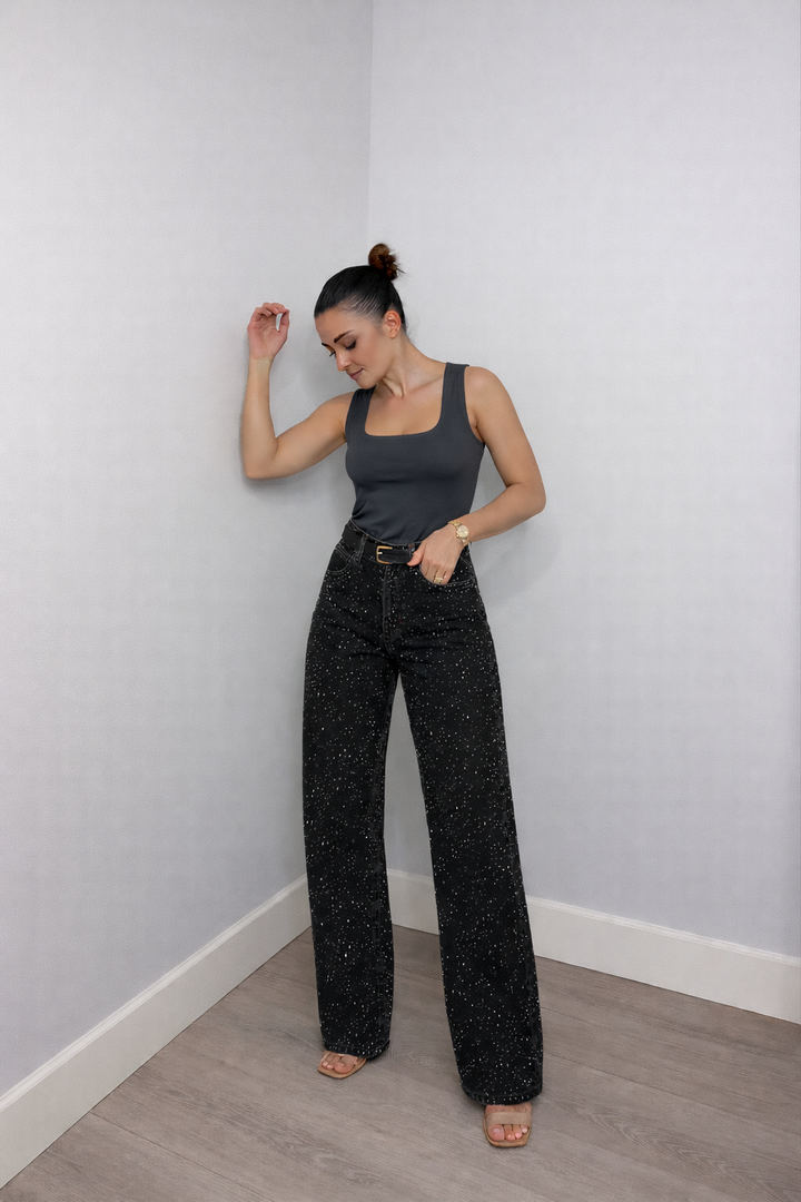 Højtaljede Jeans med Glitter Detaljer