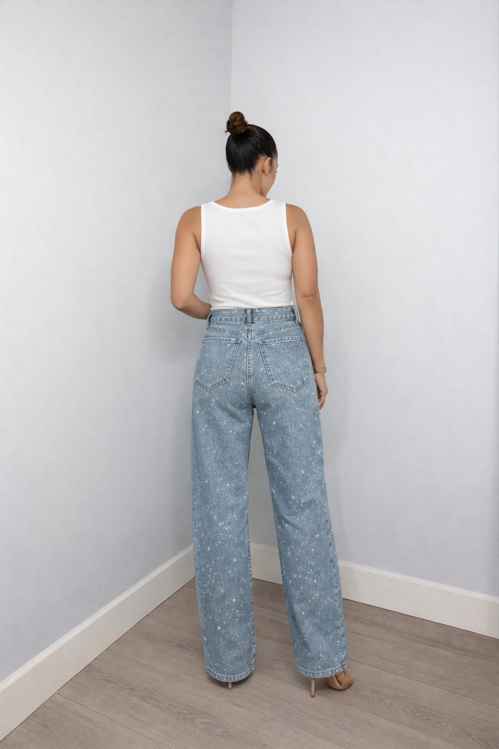 Højtaljede Jeans med Glitter Detaljer