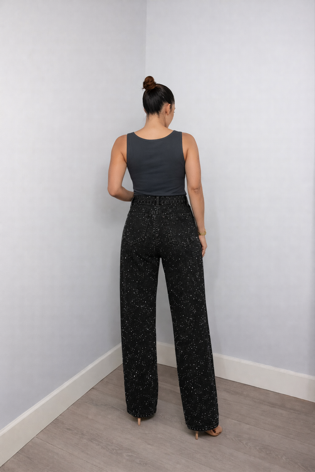 Højtaljede Jeans med Glitter Detaljer