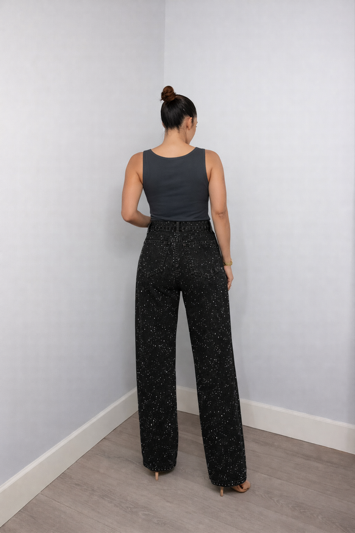 Højtaljede Jeans med Glitter Detaljer
