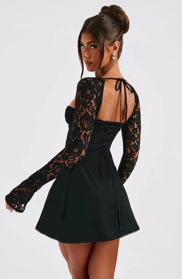 Bodycon Mini Dress with Lace Sleeves and Sweetheart Neckline
