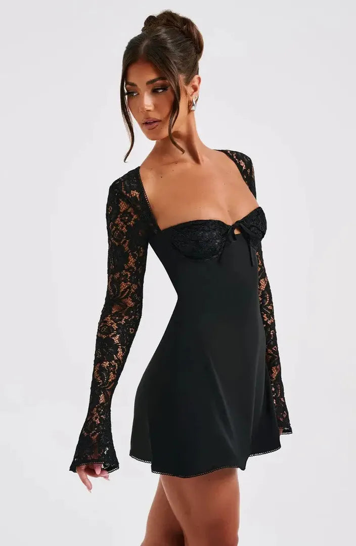 Bodycon Mini Dress with Lace Sleeves and Sweetheart Neckline
