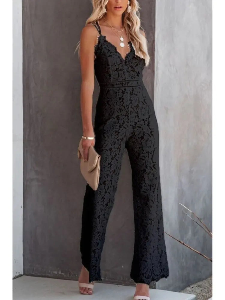 Romantisk blonde jumpsuit med V-hals og tynde stropper