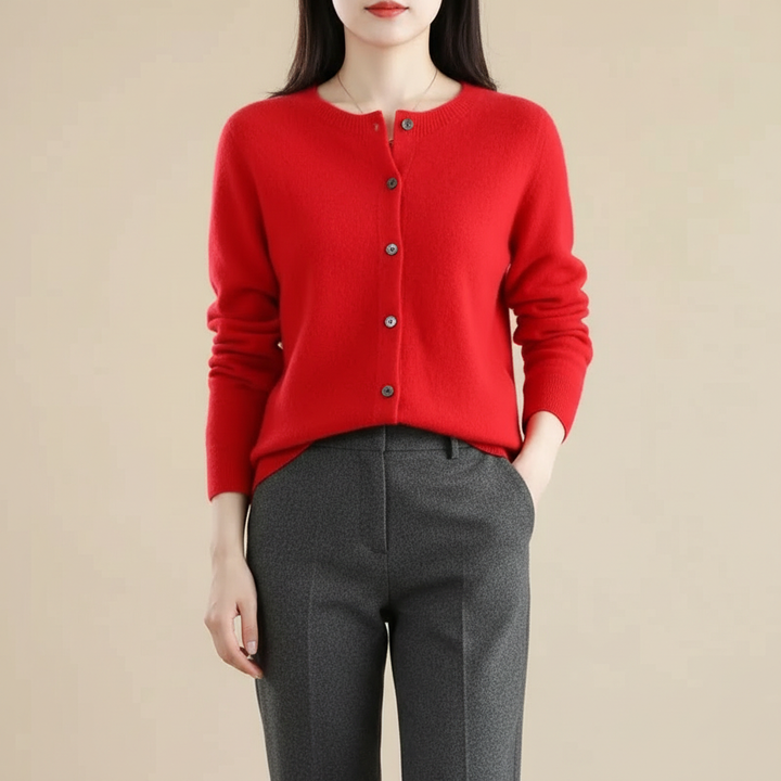 Klassisk langærmet sweater i merino- og uld med knapper til kvinder