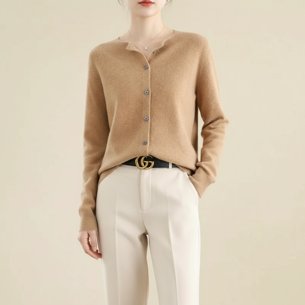 Klassisk langærmet sweater i merino- og uld med knapper til kvinder