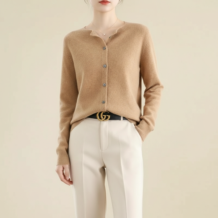 Klassisk langærmet sweater i merino- og uld med knapper til kvinder