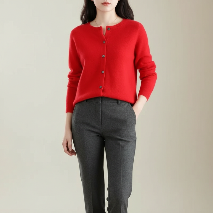 Klassisk langærmet sweater i merino- og uld med knapper til kvinder