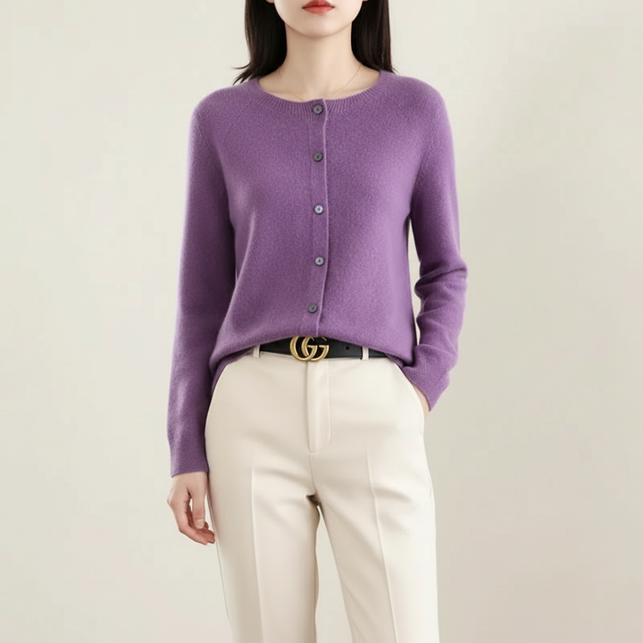 Klassisk langærmet sweater i merino- og uld med knapper til kvinder