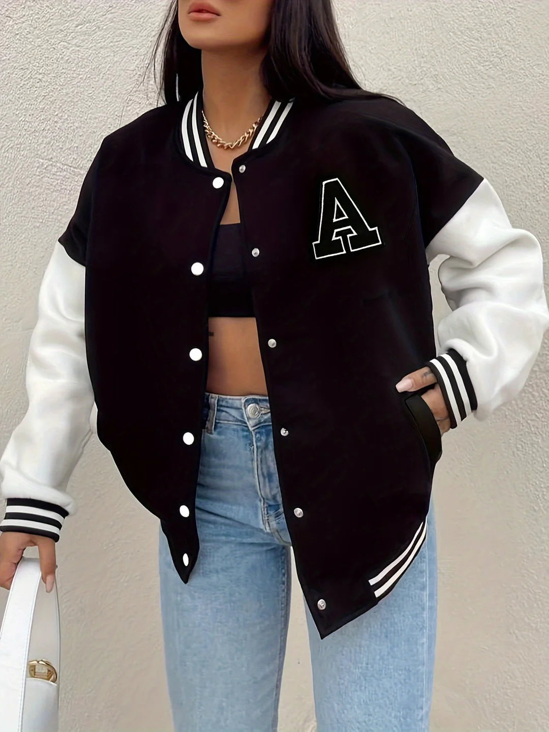 Casual Oversized Varsity Bomberjakke Til Kvinder