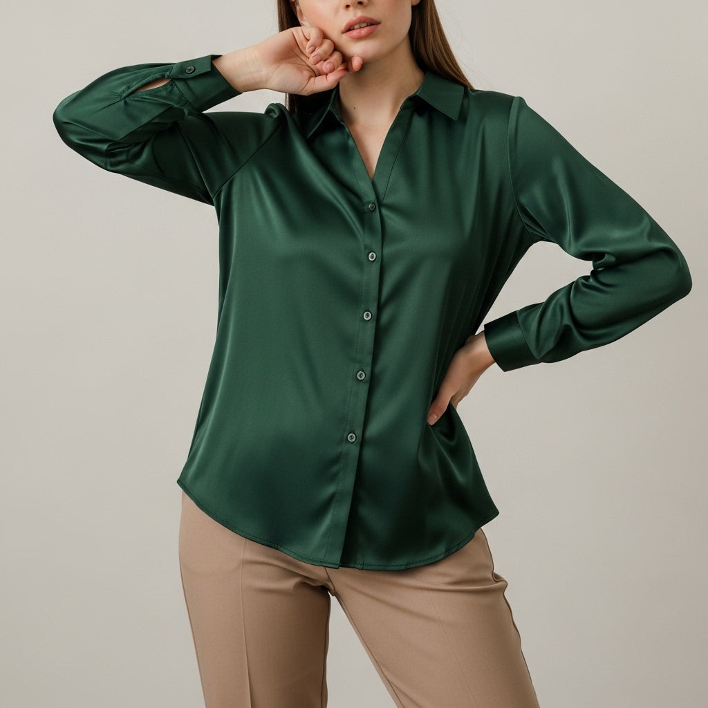 Langærmede satinbluser med knapper til damer