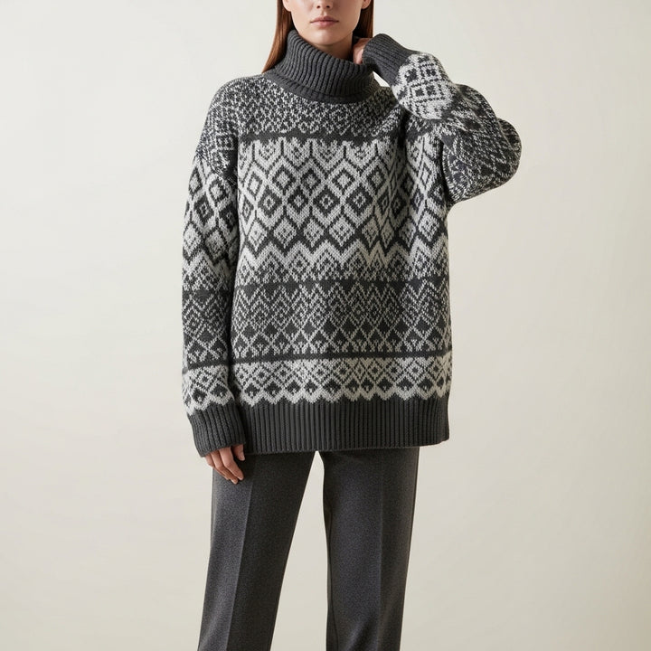 Mønstret oversized rullekravetrøje til kvinder