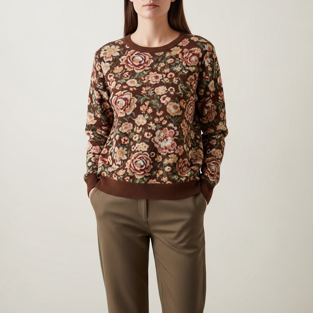 Pullover i strik til kvinder med blomsterprint