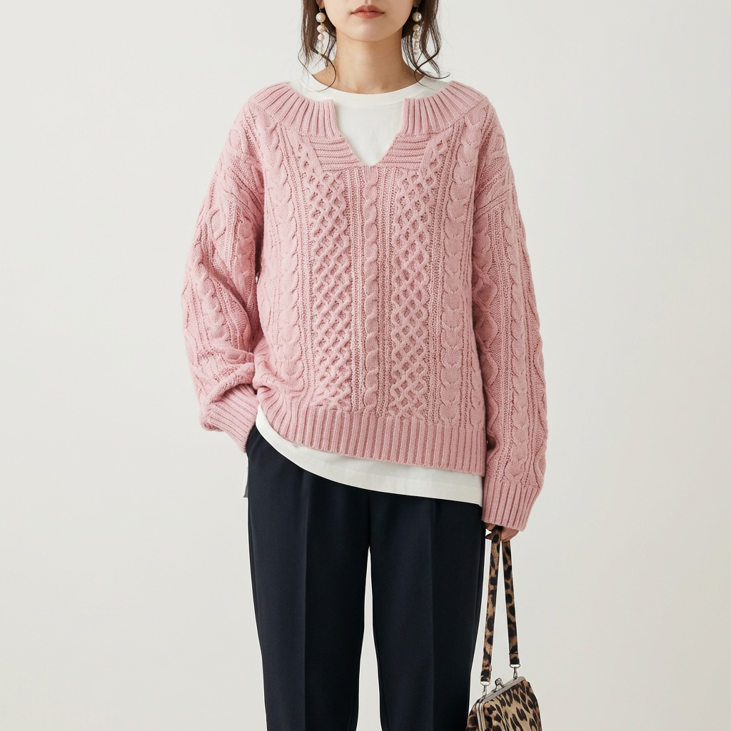 Kabelstrikket sweater til kvinder med V-hals